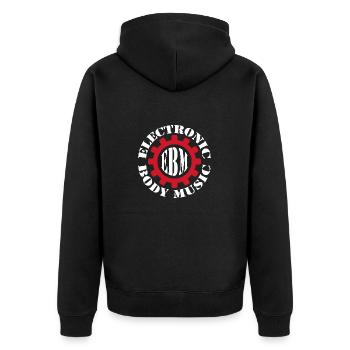 Electronic Body Music im Kreis EBM, rotes Zahnrad - Unisex Premium Bio Zip Hoodie - Schwarz - Hinten - Nico (187cm)
