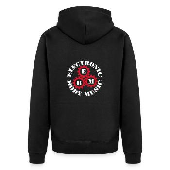 Electronic Body Music im Kreis EBM, rote Zahnräder - Unisex Premium Bio Zip Hoodie - Schwarz - Hinten - Nico (187cm)