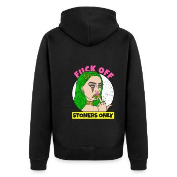 MARIHUANA CANNABIS GIRL FUCK OFF STONERS ONLY - Unisex Premium Bio Zip Hoodie - Schwarz - Hinten - Nico (187cm)
