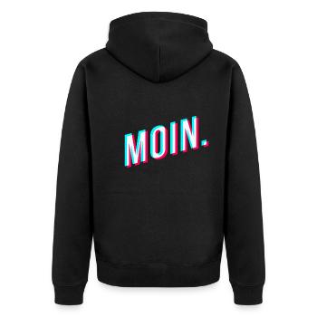 Moin. Glitcheffekt - Unisex Premium Bio Zip Hoodie - Schwarz - Hinten - Nico (187cm)