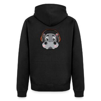 Hippo with headphones - Unisex Premium Organic Zip Hoodie - black - Back - Nico (187cm)