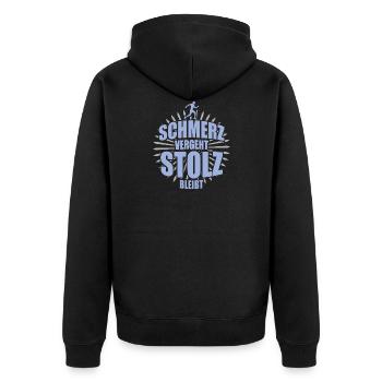 Jogger Läufer Schmerz vergeht stolz bleibt - Unisex Premium Bio Zip Hoodie - Schwarz - Hinten - Nico (187cm)