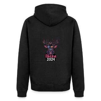 Ibiza 2024 Hirsch - Unisex Premium Bio Zip Hoodie - Schwarz - Hinten - Nico (187cm)