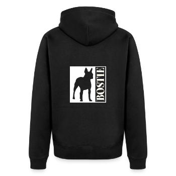 Boston Terrier Bostie Grafik mit Schriftzug - Unisex Premium Bio Zip Hoodie - Schwarz - Hinten - Nico (187cm)