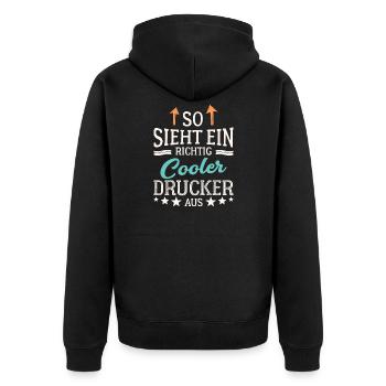 So sieht ein richtig cooler Drucker aus Druckerei - Unisex Premium Bio Zip Hoodie - Schwarz - Hinten - Nico (187cm)
