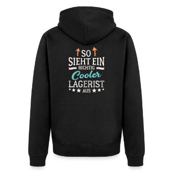 So sieht ein richtig cooler Lagerist aus - Unisex Premium Bio Zip Hoodie - Schwarz - Hinten - Nico (187cm)