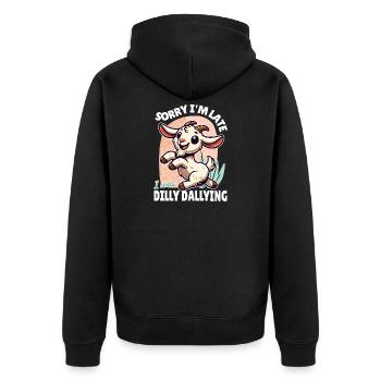 Sorry, ich bin spät – Lustiges Ziegen Design - Unisex Premium Bio Zip Hoodie - Schwarz - Hinten - Nico (187cm)