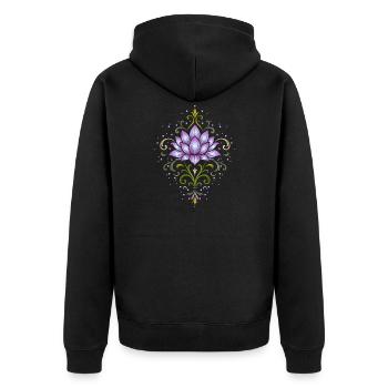Ornamentale Lotusblüte in Violett & Grün - Unisex Premium Bio Zip Hoodie - Schwarz - Hinten - Nico (187cm)