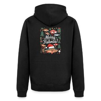 Angler Weihnachtspullover Fisch Merry Fishmas - Unisex Premium Bio Zip Hoodie - Schwarz - Hinten - Nico (187cm)