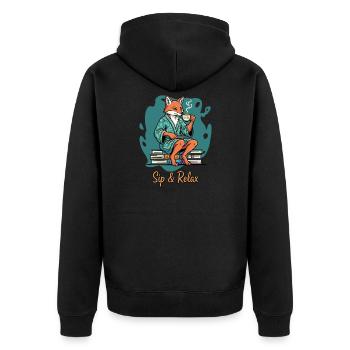 Fuchs Tee & Bücher Lounge - Unisex Premium Bio Zip Hoodie - Schwarz - Hinten - Nico (187cm)