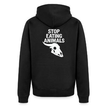 Stop Eating Animals – Tierleben schützen - Unisex Premium Bio Zip Hoodie - Schwarz - Hinten - Nico (187cm)