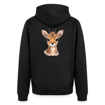 Gentle gaze – dwarf antelope Dikdik - Unisex Premium Organic Zip Hoodie - black - Back - Nico (187cm)