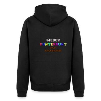 lieber kunterbunt als kackbraun,anti afd,3d - Unisex Premium Bio Zip Hoodie - Schwarz - Hinten - Nico (187cm)