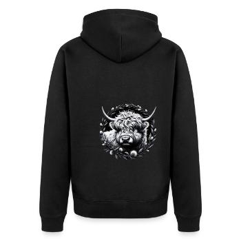 Monochromes Hochlandrind - Unisex Premium Bio Zip Hoodie - Schwarz - Hinten - Nico (187cm)