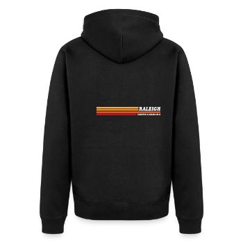 Vintage 1980s Graphic Style Athletic Raleigh N - Unisex Premium Bio Zip Hoodie - Schwarz - Hinten - Nico (187cm)