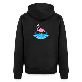 Crazy flamingo lady on a blue banner - Unisex Premium Organic Zip Hoodie - black - Back - Nico (187cm)