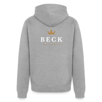 Beck Original Familienlogo - Unisex Premium Bio Zip Hoodie - Grau meliert - Hinten - Nico (187cm)