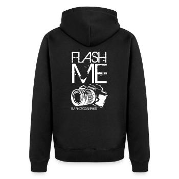 Flash Me I am Photographer - Unisex Premium Bio Zip Hoodie - Schwarz - Hinten - Nico (187cm)