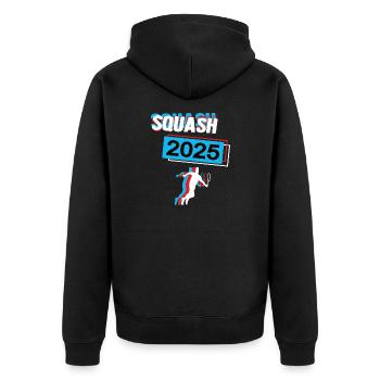 Squash 2025 Squasher Squashspieler Spieler - Unisex Premium Bio Zip Hoodie - Schwarz - Hinten - Nico (187cm)