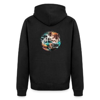 Lowrider im Sonnenuntergang mit Palmen am Strand - Unisex Premium Bio Zip Hoodie - Schwarz - Hinten - Nico (187cm)
