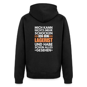 Nicht schockbarer Lagerist - Unisex Premium Bio Zip Hoodie - Schwarz - Hinten - Nico (187cm)