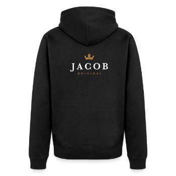 Jacob Original Familienlogo - Unisex Premium Bio Zip Hoodie - Schwarz - Hinten - Nico (187cm)