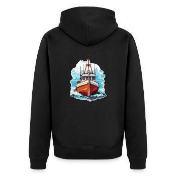 Vintage Motorboot in Blau und Weiß - Unisex Premium Bio Zip Hoodie - Schwarz - Hinten - Nico (187cm)
