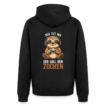 Gamer Faultier Der tut nix der will nur zocken - Unisex Premium Bio Zip Hoodie - Schwarz - Hinten - Nico (187cm)