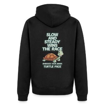 Slow and steady wins the race embrace turtle pace - Unisex Premium Bio Zip Hoodie - Schwarz - Hinten - Nico (187cm)