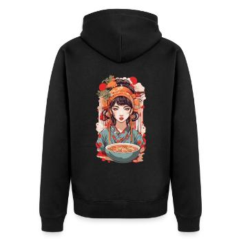Ramen Retro Popart Japan Ästhetik Design - Unisex Premium Bio Zip Hoodie - Schwarz - Hinten - Nico (187cm)