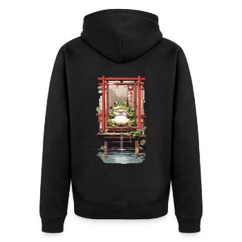 Japanischer Yokai Frosch im Tempel Ukiyo-E Style - Unisex Premium Bio Zip Hoodie - Schwarz - Hinten - Nico (187cm)
