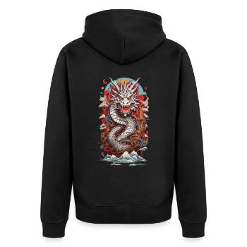 Retro Japan Drache Ukiyo-E Popart Design - Unisex Premium Bio Zip Hoodie - Schwarz - Hinten - Nico (187cm)