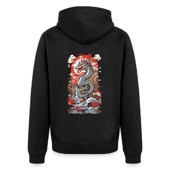 Asiatischer Drache Ukiyo-E Vintage Kunst - Unisex Premium Bio Zip Hoodie - Schwarz - Hinten - Nico (187cm)