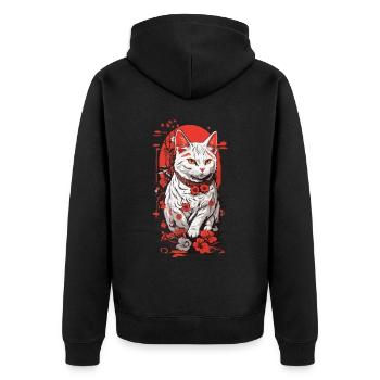 Vintage Asiatische Katze Ukiyo-E Kirschblüten - Unisex Premium Bio Zip Hoodie - Schwarz - Hinten - Nico (187cm)