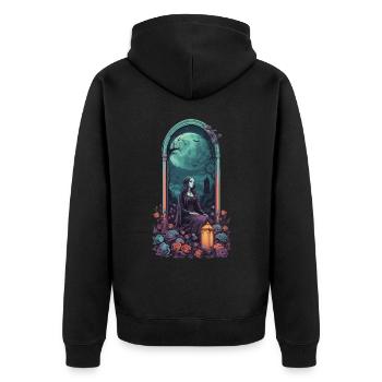 Gothic Vollmond Friedhof Nacht Pastell Design - Unisex Premium Bio Zip Hoodie - Schwarz - Hinten - Nico (187cm)