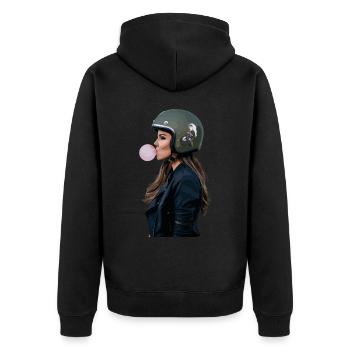 Coole Motorradfahrerin Bikerin kaut Kaugummi - Unisex Premium Bio Zip Hoodie - Schwarz - Hinten - Nico (187cm)