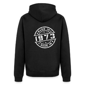 Geburtsjahr Geburtstag Born In - Made in 1973 - Unisex Premium Bio Zip Hoodie - Schwarz - Hinten - Nico (187cm)