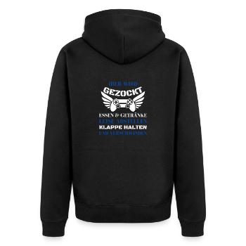 Hier wird gezockt, Geschenk für Gamer - Unisex Premium Bio Zip Hoodie - Schwarz - Hinten - Nico (187cm)