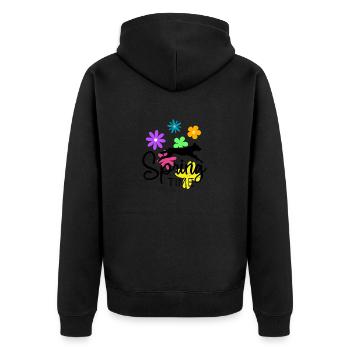 Frühlingsdesign - springender Hund und Blumen - Unisex Premium Bio Zip Hoodie - Schwarz - Hinten - Nico (187cm)
