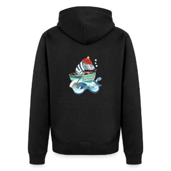 Kjell Makrell I Fischkopf im Boot - Unisex Premium Bio Zip Hoodie - Schwarz - Hinten - Nico (187cm)