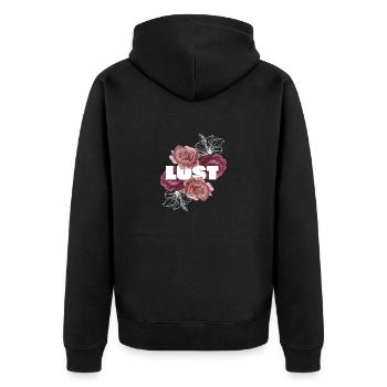 "Lust" with pink roses background - Unisex Premium Organic Zip Hoodie - black - Back - Nico (187cm)