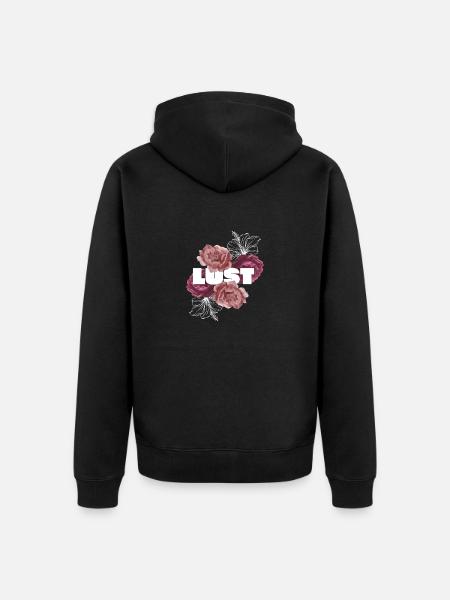 "Lust" with pink roses background - Unisex Premium Organic Zip Hoodie - black