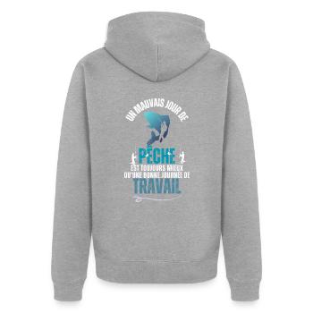 "Arbeit oder Fisch" im Ruhestand - Unisex Premium Bio Zip Hoodie - Grau meliert - Hinten - Nico (187cm)