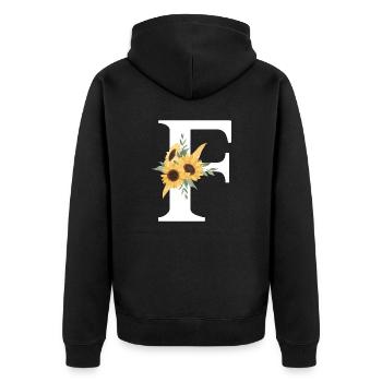 Buchstabe f Blumen-Sonnenblume - Unisex Premium Bio Zip Hoodie - Schwarz - Hinten - Nico (187cm)