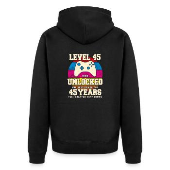 Original 1979 45 Jahre Level 45 Freischalten - Unisex Premium Bio Zip Hoodie - Schwarz - Hinten - Nico (187cm)