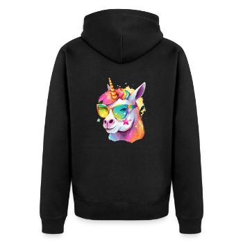 Buntes cooles Alpaka-Einhorn mit Sonnenbrille - Unisex Premium Bio Zip Hoodie - Schwarz - Hinten - Nico (187cm)