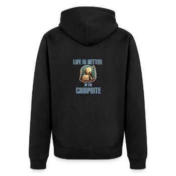 Life is better at the Campsite - Unisex Premium Bio Zip Hoodie - Schwarz - Hinten - Nico (187cm)