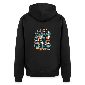 Currently unsupervised possibilities are endless - Unisex Premium Bio Zip Hoodie - Schwarz - Hinten - Nico (187cm)