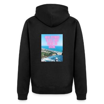 1 Travel - Unisex Premium Bio Zip Hoodie - Schwarz - Hinten - Nico (187cm)