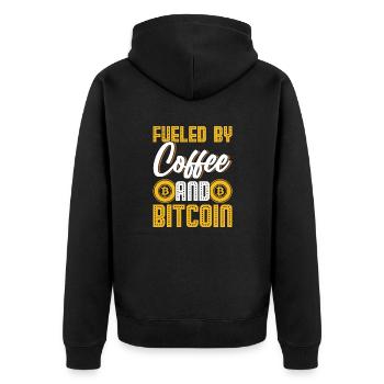 Angetrieben von Kaffee und Bitcoin - Unisex Premium Bio Zip Hoodie - Schwarz - Hinten - Nico (187cm)
